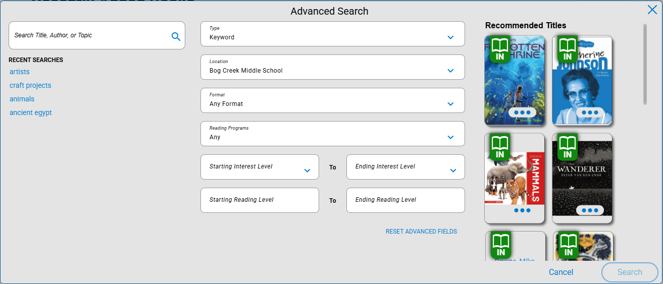 Advanced Search pop-up.